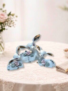 Vintage 1950s Ceramic Deer Family Figurines Set Of 3 White Pink Gold w Flowers